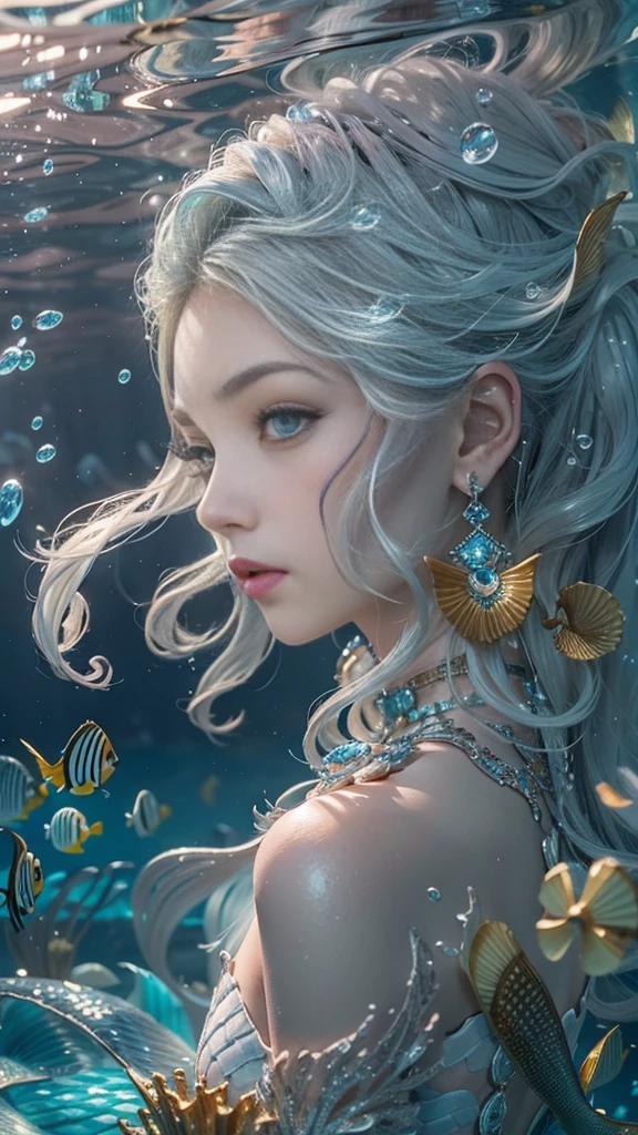 (RAW shooting, 32k, highest quality, masterpiece, Ultra-high resolution), (Deep sea at night:1.0, Dramatic moonlight:0.7, Mysterious underwater world:1.3, Expressions of sadness:1.0), Side Shot, Fractal Art:1.3, Perfect dynamic composition:1.2, Very detailedな肌と顔の質感:1.2, Beautiful shell and coral decoration, Surrounded by lots of colorful fish, Rich underwater vegetation, (The subject is being viewed from a distance:1.3, Dynamic flow of water waves:1.2, Slim mermaid figure:1.0, Shimmering Scales, Mermaid tail), elegant and sophisticated, Fair skin, Incredibly slim body:0.8, Very beautiful face, Water droplets on the skin, Very accurate, Very detailed, Gorgeous silver shiny dress portrait, Big eyes that exude beauty, Beautiful big lips,, Unreal atmosphere, necklace, Earrings, bracelet