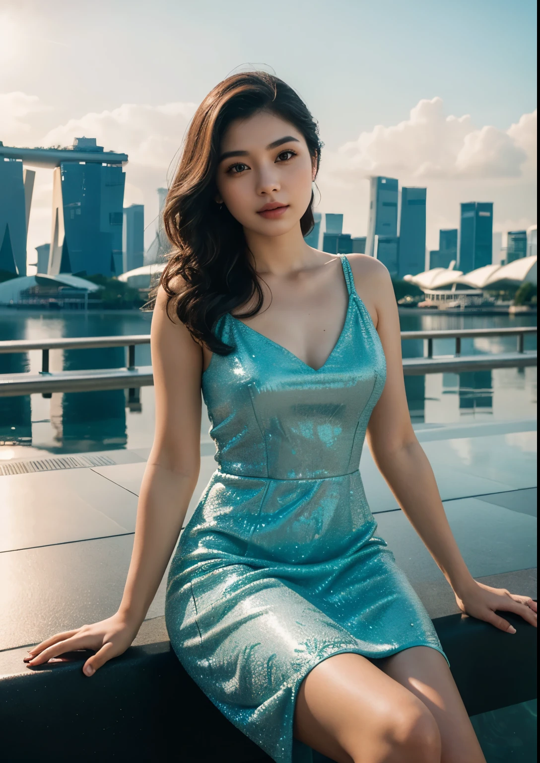 1girl, sitting in front of Marina Bay Sands Hotel, Singapore, beautiful detailed eyes, beautiful detailed lips, extremely detailed face, long eyelashes, cute, sweet, above knee length dress, sunlight, cinematic lighting, vibrant colors, highly detailed, photorealistic, 8k, best quality, masterpiece