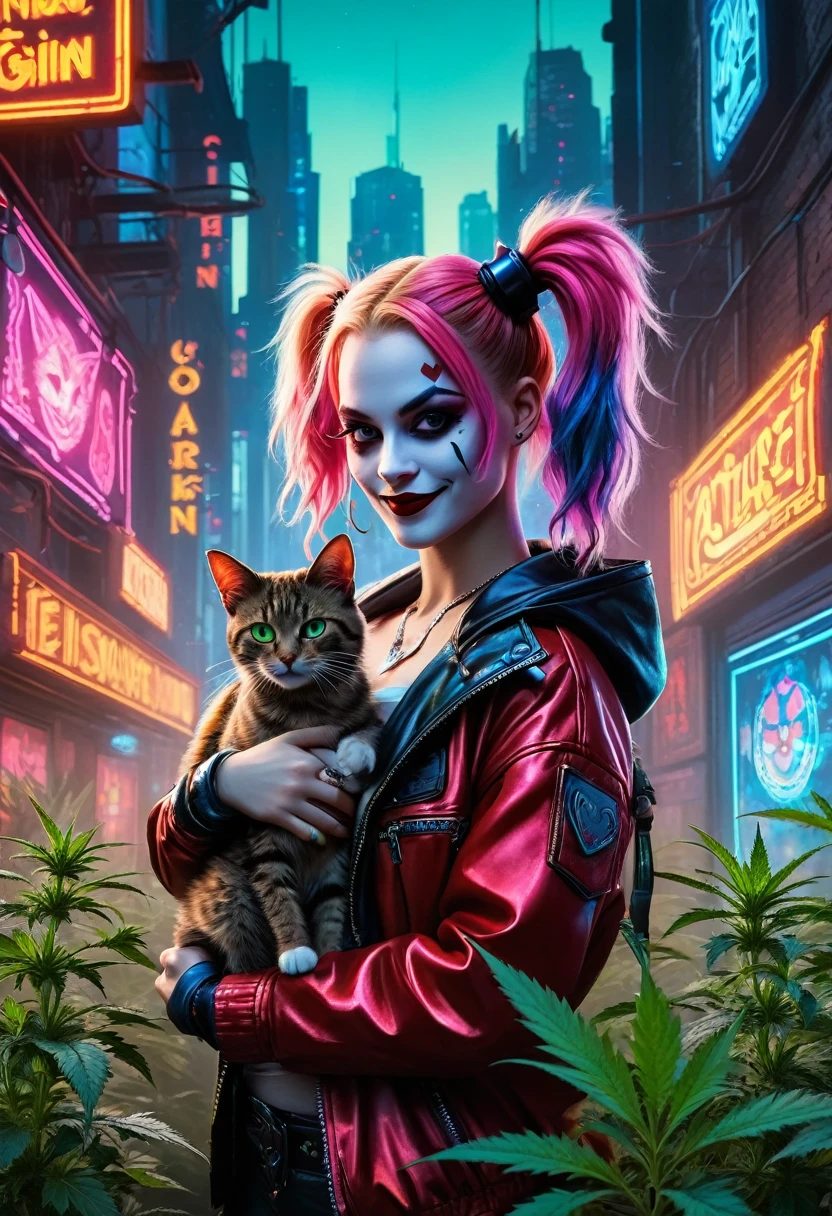 Create a ((top-notch quality)), ((masterwork)), ((true-to-life)),Girl with Cat, digital rendering that features the iconic character Harley Quinn from DC with cat in a captivating cyberpunk setting. Illustrate her enjoying cannabis goodness while seamlessly incorporating elements of the cyberpunk, cannabis-inspired, DMT, Artegem, and chiaroscuro styles. Employ Louis Wain's artistic vision to construct the environment. Pay meticulous attention to high levels of detail and vibrant colors, infusing the composition with the essence of cyberpunk aesthetics. Include cannabis-inspired and DMT elements to create an ethe, Chiaroscuro, 4K, 4K, 1080P