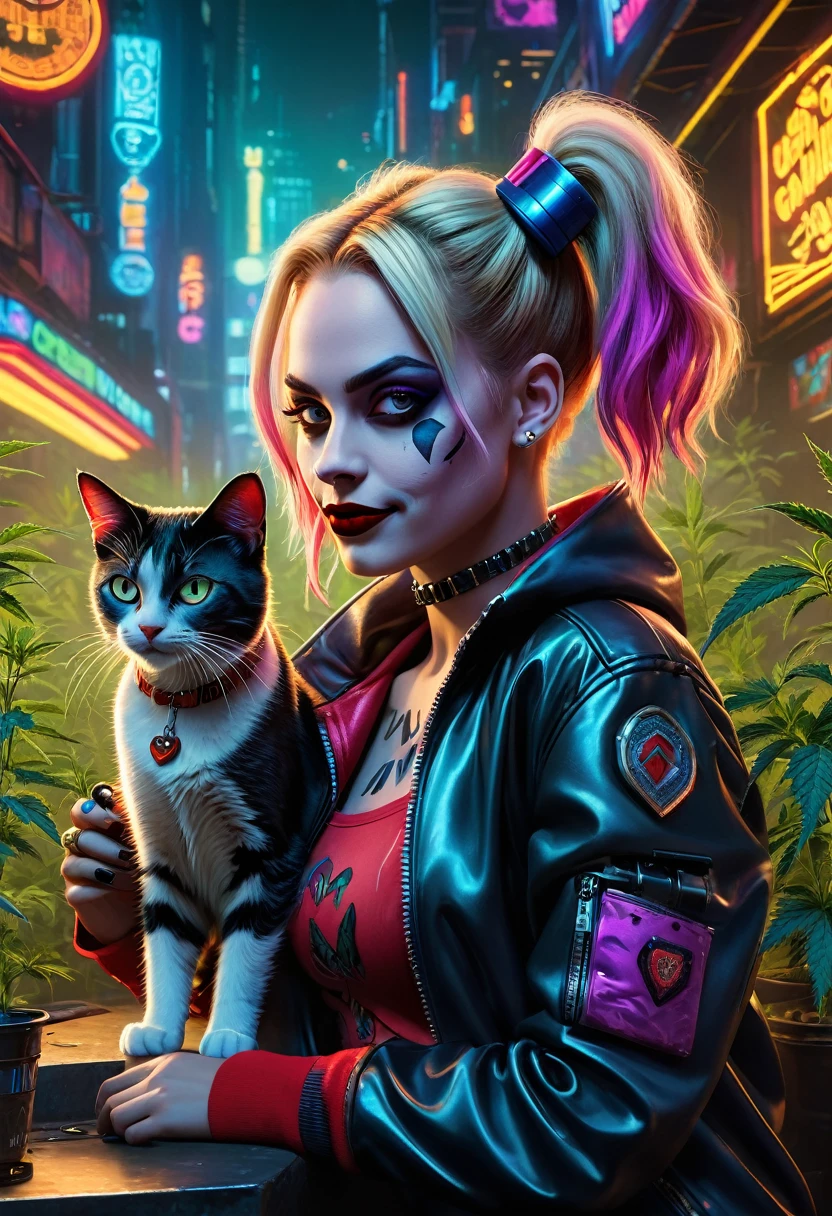 Create a ((top-notch quality)), ((masterwork)), ((true-to-life)),Girl with Cat, digital rendering that features the iconic character Harley Quinn from DC with cat in a captivating cyberpunk setting. Illustrate her enjoying cannabis goodness while seamlessly incorporating elements of the cyberpunk, cannabis-inspired, DMT, Artegem, and chiaroscuro styles. Employ Louis Wain's artistic vision to construct the environment. Pay meticulous attention to high levels of detail and vibrant colors, infusing the composition with the essence of cyberpunk aesthetics. Include cannabis-inspired and DMT elements to create an ethe, Chiaroscuro, 4K, 4K, 1080P