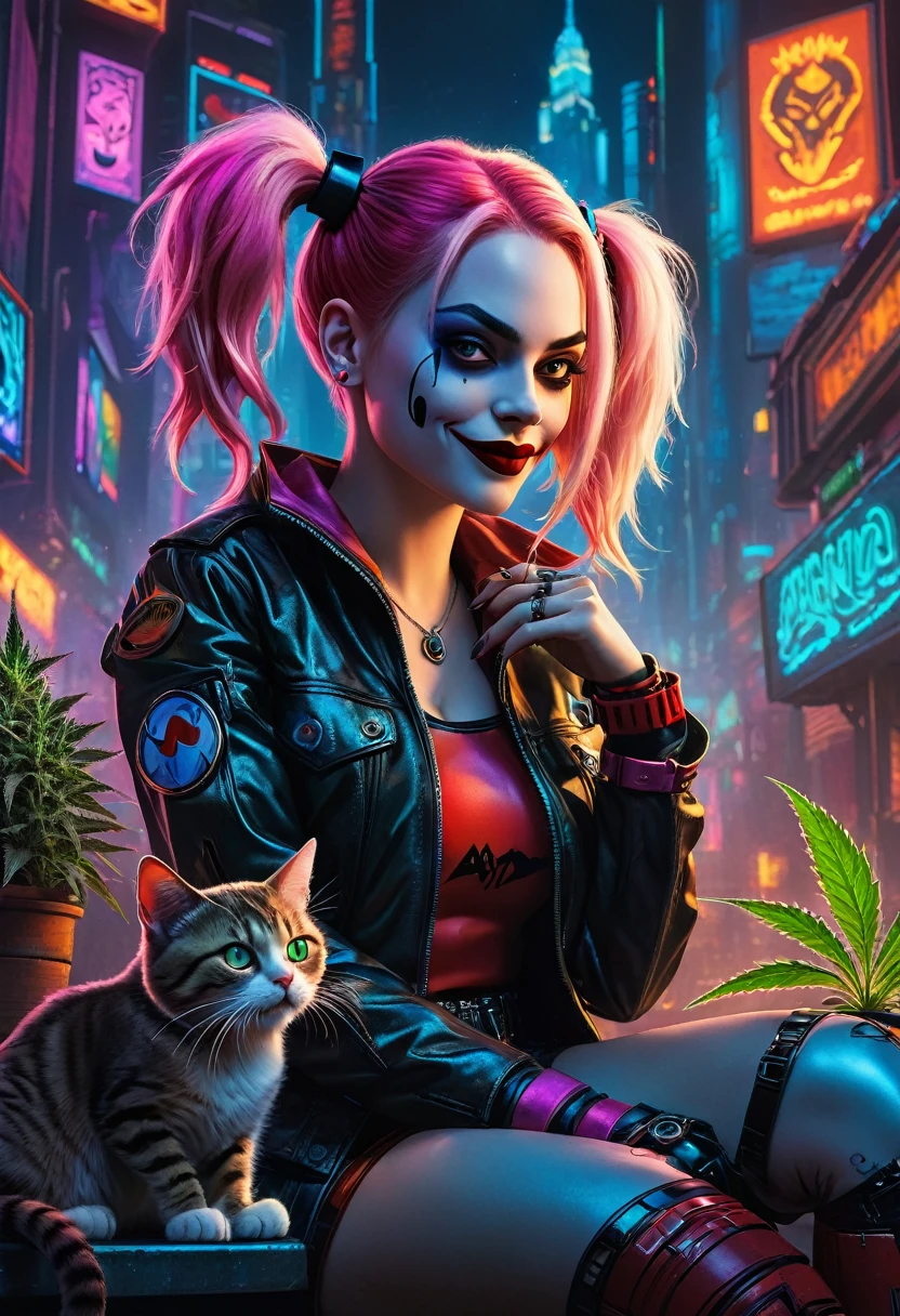 Create a ((top-notch quality)), ((masterwork)), ((true-to-life)),Girl with Cat, digital rendering that features the iconic character Harley Quinn from DC with cat in a captivating cyberpunk setting. Illustrate her enjoying cannabis goodness while seamlessly incorporating elements of the cyberpunk, cannabis-inspired, DMT, Artegem, and chiaroscuro styles. Employ Louis Wain's artistic vision to construct the environment. Pay meticulous attention to high levels of detail and vibrant colors, infusing the composition with the essence of cyberpunk aesthetics. Include cannabis-inspired and DMT elements to create an ethe, Chiaroscuro, 4K, 4K, 1080P