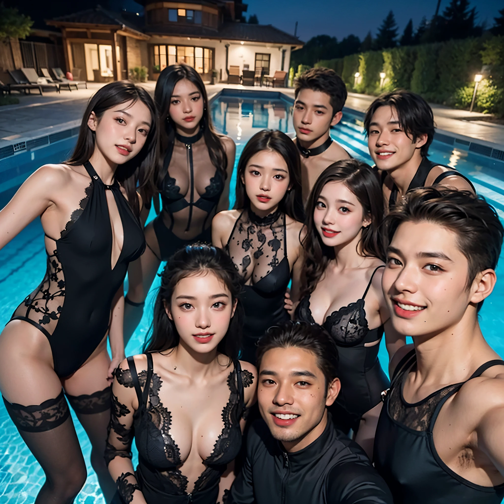 a group of over 6 high school students, boys and girls are mixed, a selfie-photo, (in an luxurious night pool), (everyone smiling), best quality, masterpiece, looking up at the camera, ((All the girls wear tight black lace body-suit))