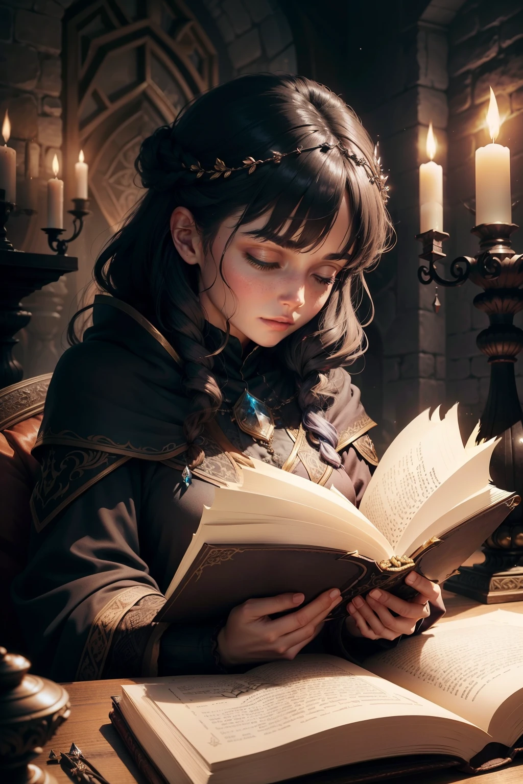Enchanting Spellbook: Flickering candlelight dances across intricately bound pages, as if inviting the reader to delve into the arcane secrets they guard. A tapestry of arcane runes and mystical symbols, each one a testament to ancient knowledge that transcends time. The comfortable worn-out leather, subtly scented with the aroma of secrets long held and wisdom unspoken, radiates a sense of mature power. The thick, charcoal-hued book rests atop a crystal pedestal, its ethereal glow casting eerie, dancing shadows. A cluster of glowing gemstones adorns the cover, each one imbued with
