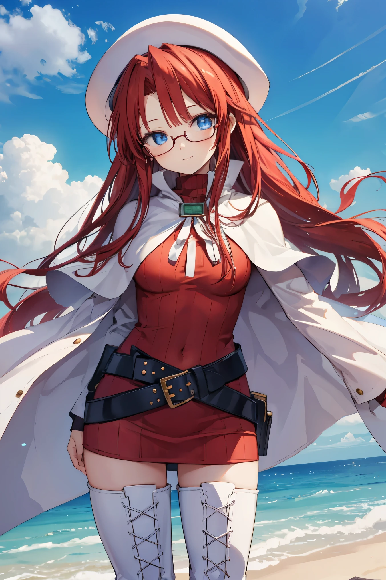 summonnightaty, aty, (young:1.3),long hair, blue eyes, red hair, large_beret, hat, glasses,
BREAK long hair, thighhighs, hat, dress, boots, glasses, belt, cape, sweater, zettai ryouiki, beret, thigh boots, white footwear, ribbed sweater, loose belt,solo,
BREAK outdoors, fantasy,on_beach
,Highquality_hads,perfect_fingers,
BREAK (masterpiece:1.2), best quality, high resolution, unity 8k wallpaper, (illustration:0.8), (beautiful detailed eyes:1.6), extremely detailed face, perfect lighting, extremely detailed CG, (perfect hands, perfect anatomy),covered_nipples,covered_navel ,half_eyes,long_sword,sleepy,standing,red_sweater,apart_knees,magical_effect,spread_legs, have_a_book,teacher,rise_knee,Smile,rise_hand,look_down_viewer,spread_arms,