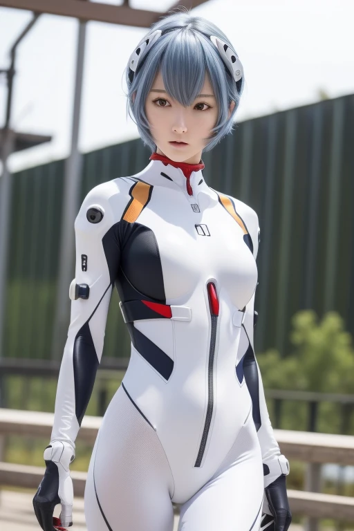 (masterpiece:1.2), highest quality, (Beautiful details:1.4), Highly detailed photos, Natural light, 
Being outdoors, Hangar in the distance, Walking towards here, 
Rei Ayanami, One Girl, 
Dark navy blue hair, Smooth Hair, Thin Hair, short hair, (Dark red eyes:1.5), 
Don't leave or right々headgear of, White headpod, Headset Interface, 
Bodysuits, A plug suit that completely covers the body, A simple and soft plug suit, 白いBodysuits,
Small breasts, small breasts, 