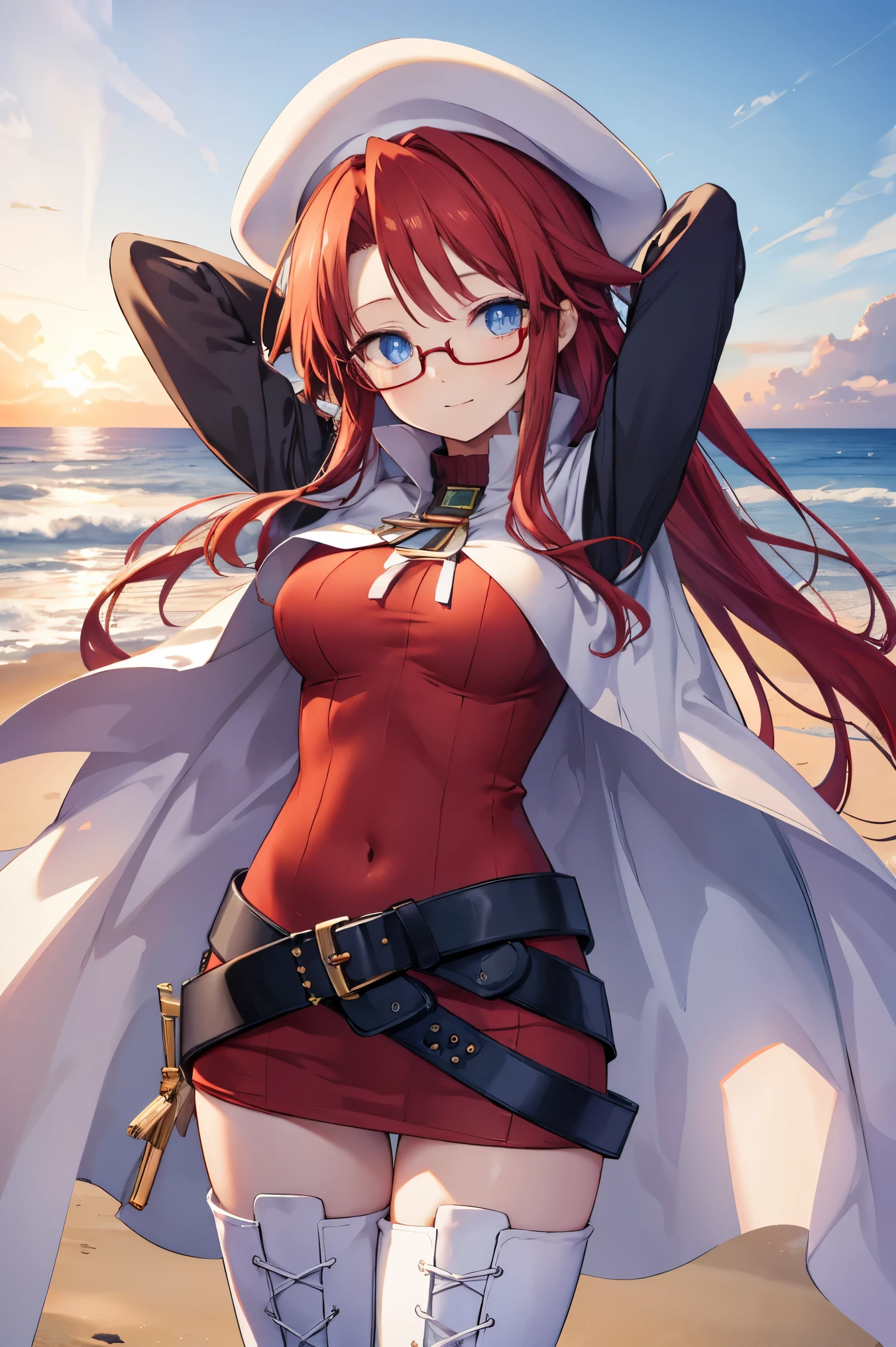 summonnightaty, aty, (young:1.3),long hair, blue eyes, red hair, large_beret, hat, glasses,
BREAK long hair, thighhighs, hat, dress, boots, glasses, belt, cape, sweater, zettai ryouiki, beret, thigh boots, white footwear, ribbed sweater, loose belt,solo,
BREAK outdoors, fantasy,on_beach
,Highquality_hads,perfect_fingers,
BREAK (masterpiece:1.2), best quality, high resolution, unity 8k wallpaper, (illustration:0.8), (beautiful detailed eyes:1.6), extremely detailed face, perfect lighting, extremely detailed CG, (perfect hands, perfect anatomy),covered_nipples,covered_navel ,half_eyes,long_sword,sleepy,standing,red_sweater,apart_knees,magical_effect,spread_legs, have_a_book,teacher,rise_knee,Smile,rise_hand,look_down_viewer,spread_arms,