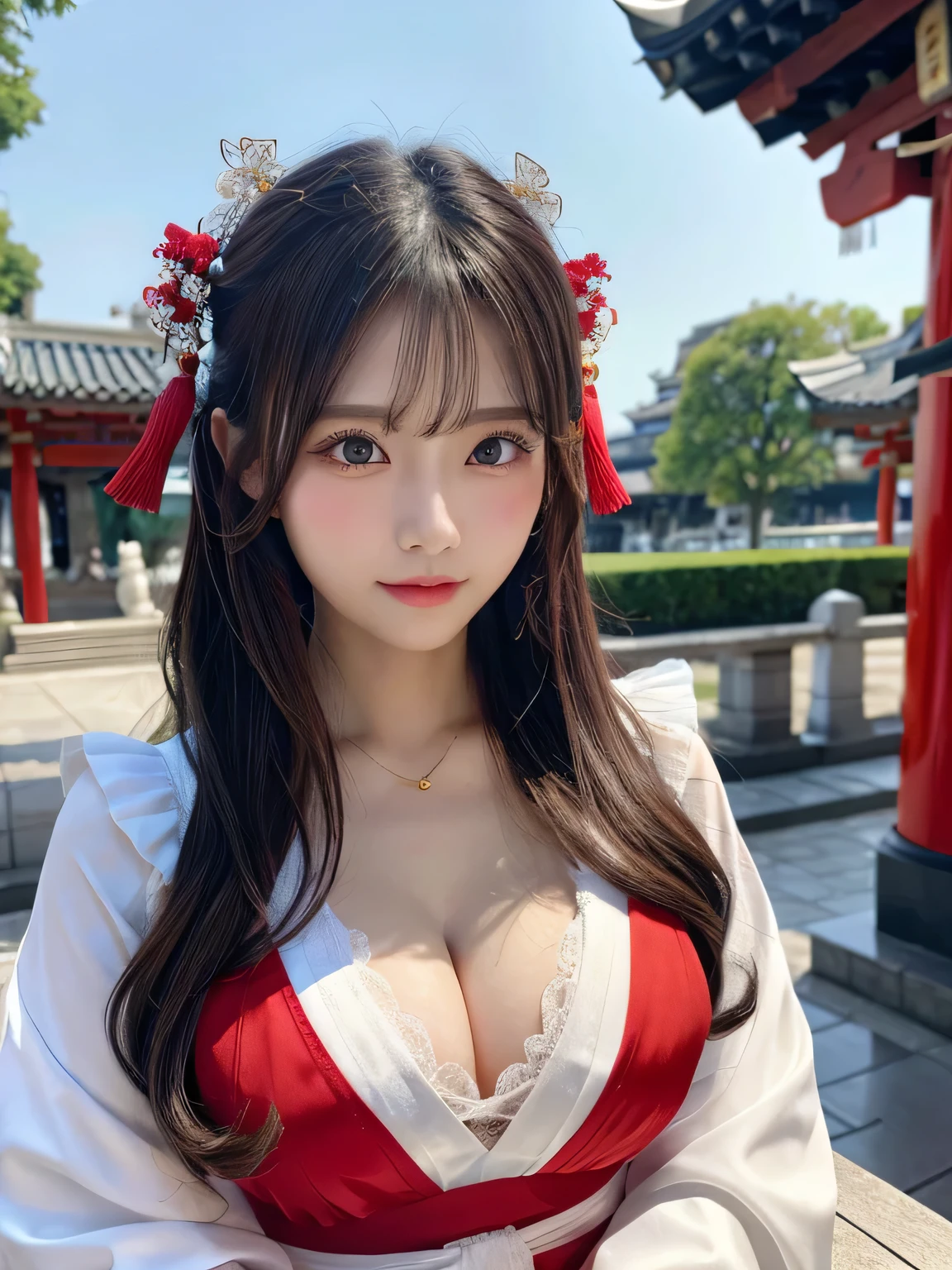Looking at Viewer(camera),(Big Tits 1.8),(A gorgeous shrine maiden in white and red costume with a beautiful cleavage 1.8),,(Table Top 1.8),masterpiece,Highest Resolution,Dynamic bust of a beautiful Chinese woman,Delicate black bun,Wavy long hair,Black clear eyes,Her hair is covered with beautiful and delicate floral detailing., crystal jewelry filigree,Ultra-detailed details,beauty effect,Soft Lighting。