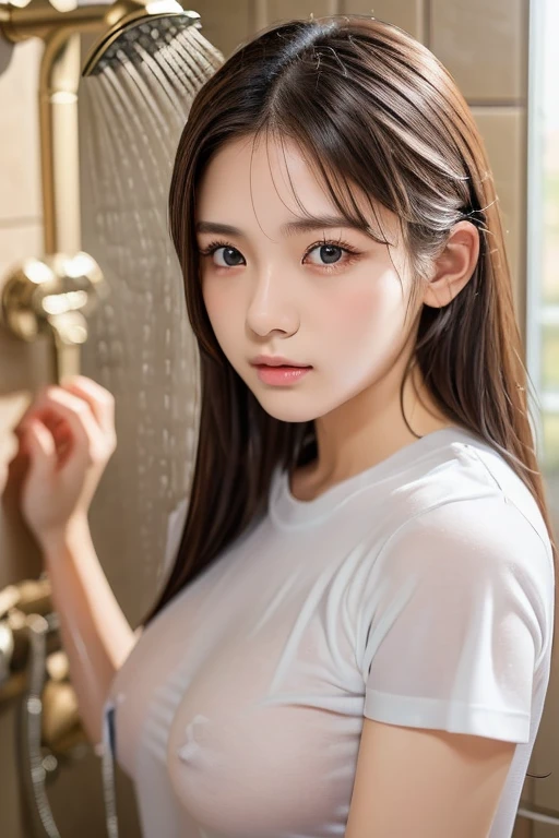 ((Taking a shower))、((Whole Body Ezbian))、((Cowboy Shot))、((whiteTPut on a shirt、))、first class、The true picture、Intricate details、Ultra-high resolution、Depth Field、masterpiece、Professional Lighting、 (()),Very cute face, Great face and eyes,No makeup、 (Highly detailed eyes, Highly detailed face),