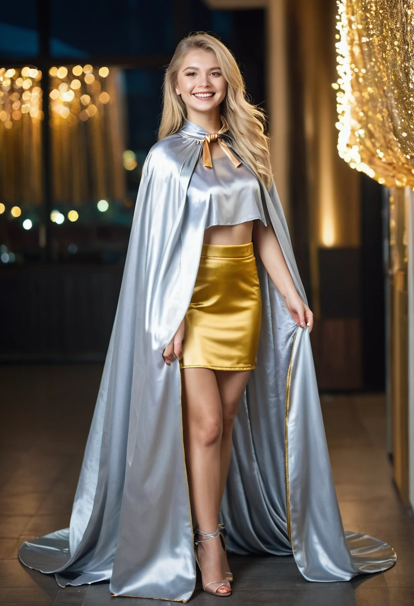 (RAW photo) , 1girl, cute, 20 years old, long blonde hair , smiling, look at viewer, ((((silver and gold lined satin cape tied at the neck)))+++, side spilt skirt , photo, realistic, best quality, hires, detailed face, detailed background, diffused lighting, depth of field, bokeh