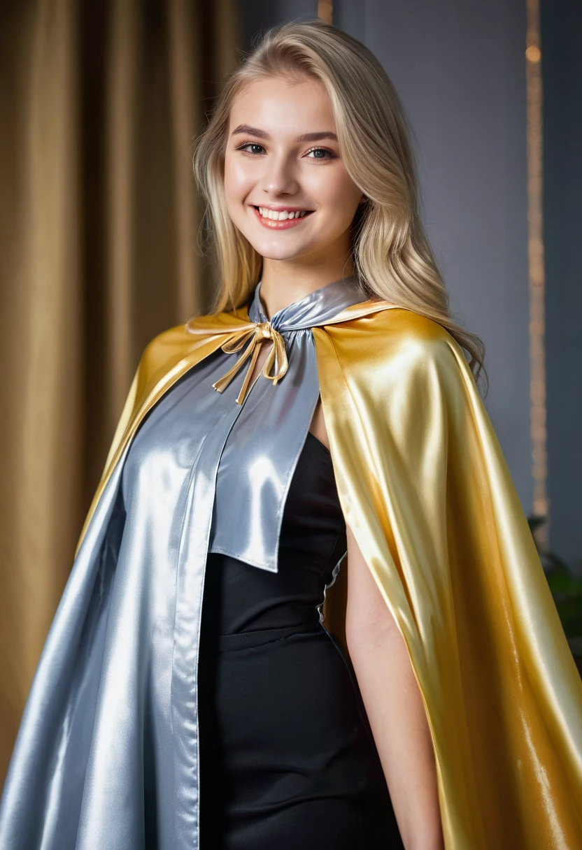 (RAW photo) , 1girl, cute, 20 years old, long blonde hair , smiling, look at viewer, ((((silver and gold lined satin cape tied at the neck)))+++, side spilt skirt , photo, realistic, best quality, hires, detailed face, detailed background, diffused lighting, depth of field, bokeh