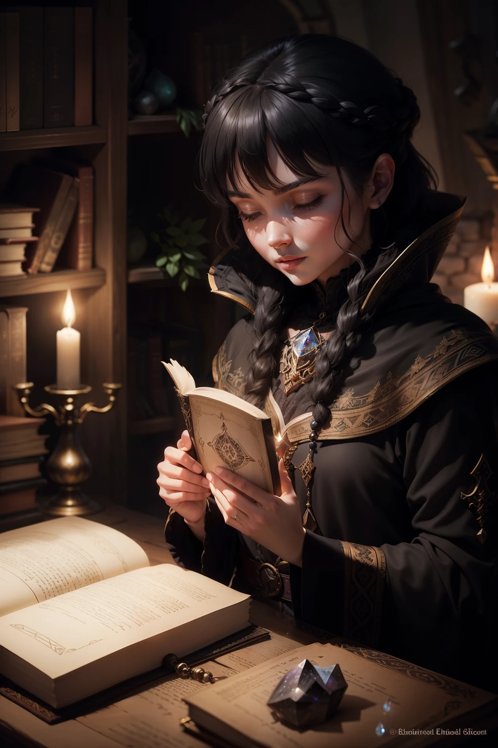 Enchanting Spellbook: Flickering candlelight dances across intricately bound pages, as if inviting the reader to delve into the arcane secrets they guard. A tapestry of arcane runes and mystical symbols, each one a testament to ancient knowledge that transcends time. The comfortable worn-out leather, subtly scented with the aroma of secrets long held and wisdom unspoken, radiates a sense of mature power. The thick, charcoal-hued book rests atop a crystal pedestal, its ethereal glow casting eerie, dancing shadows. A cluster of glowing gemstones adorns the cover, each one imbued with
