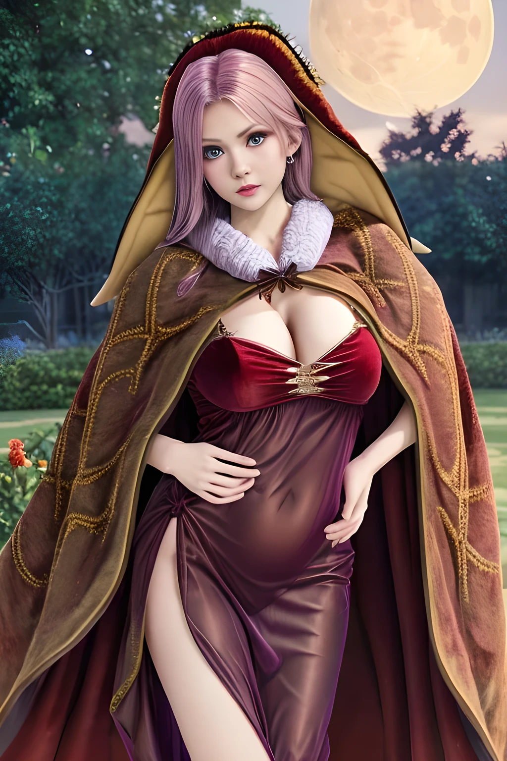 1girl,(RED theme: 1.2), (Velvet fabric nightgown: 1.2), (Koch snowflake cloak: 1.5), ,garden,moon,huge breasts,lactating,(lip gloss),(masterpiece), best quality, (real life portrait photography:1.5),unltra detailed,8K,Shot with a professional-grade camera like the Nikon D850,every intricate detail is captured, from the subtlest expression to the glimmer of anticipation in her eyes,Focus on thighs and above,solo,  elise,