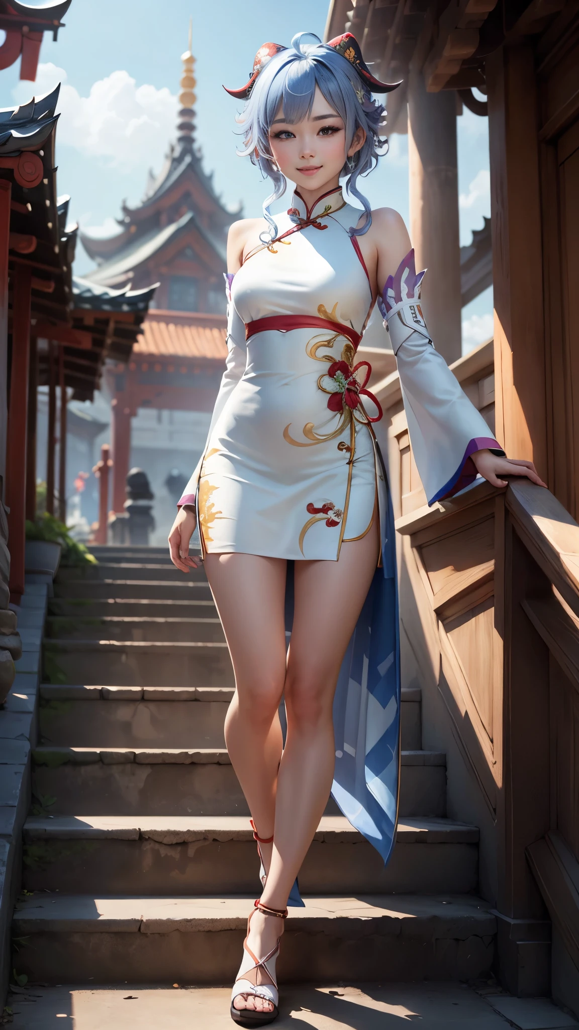 fighting stance, ganyudef, smile, blush, exteriors, In the daytime, simple background, blue-sky, short detailed hair, Sky-sky, temple, looking at viewers, stairways, mont, moody light，high-definition picture quality，Charming, smiling expression, Be red in the face, White cheongsam, Bare legged, middle rounded breast, fashion model posing, (Masterpiece, Best quality:1.4), professional artwork, intricate details, sharp focus, detail painting, photorealistic, trending on pixiv, realistic shadow,