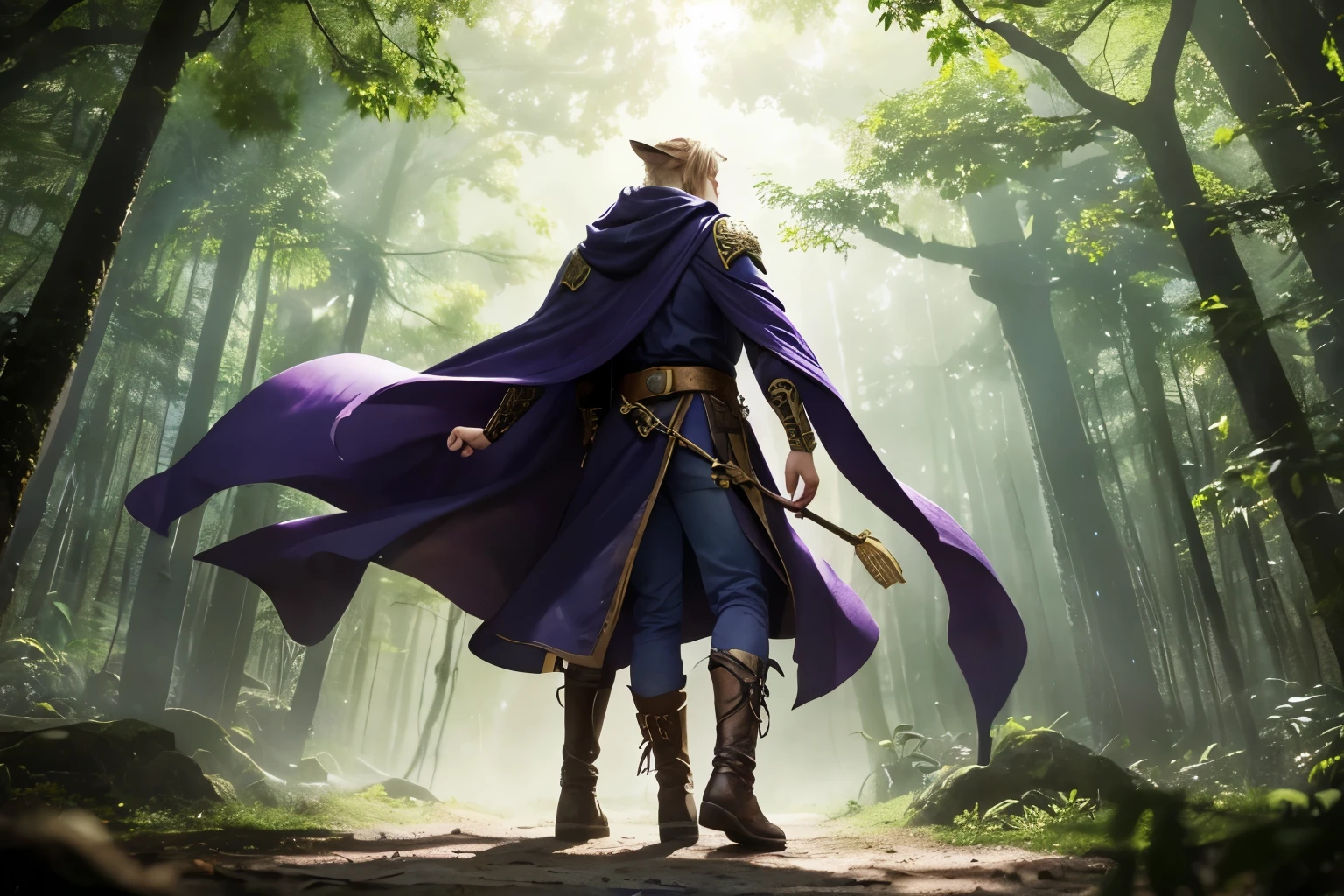Image details: Setting: Lush tropical forest, with tall trees, dense vegetation and sunlight filtering through the leaves. Character: Xelarion, with his face covered in golden hair with dark spots, deep blue eyes, and moving feline ears. Clothing: Cloak: Purple, flowing in the wind, with ancient symbols embroidered in gold thread. Leather bag: Brown, worn, slung over his shoulder. T-shirt: Dark purple, fitted. Pants: Dark blue jeans. Shoes: Sturdy leather boots, marked by heavy use. Accessories: Necklace: Crystal pendant sparkling subtly. Bracelets: Leather with mystical symbols. Gloves: Fingerless, allowing for dexterity. Perspective and Angle: Profile view of Xelarion, capturing his movement through the forest and the fluidity of his cape. The scene should convey a sense of exploration and attention to detail around him. Style: Illustrative epic fantasy, with rich detail in the textures of the forest and the elements of Xelarion's clothing. Vibrant colors and dramatic lighting to emphasize the grandeur and mystique of the scene. Resolution: 150-300 DPI