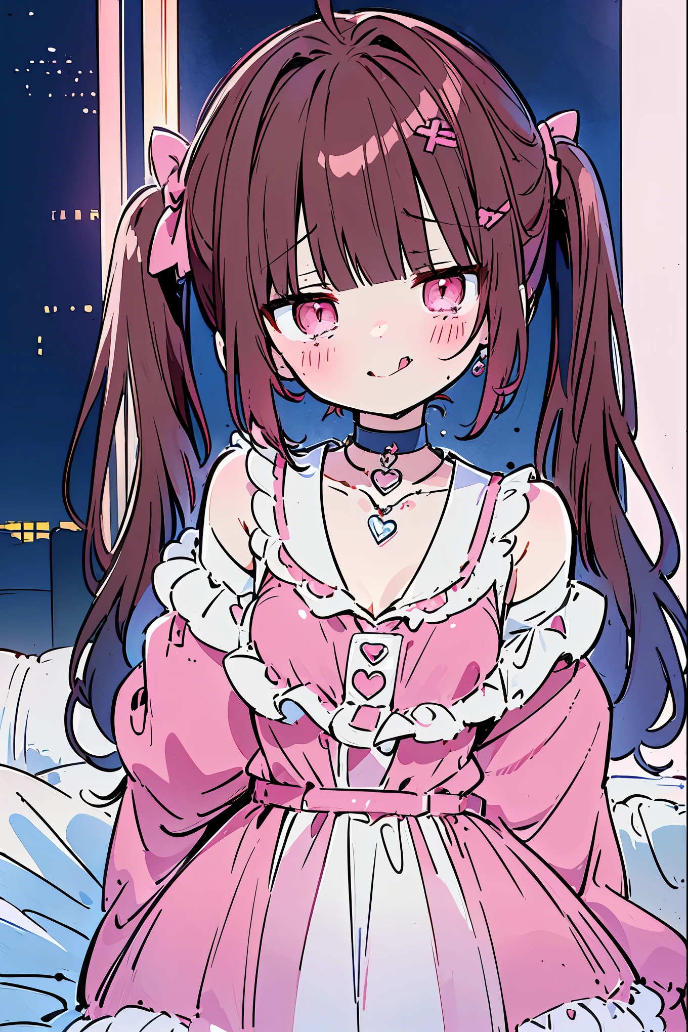 {{{{masterpiece}}}}, {{{Super detailed}}}, {{{high resolution}}},{{high resolution:1.3}}, {{good anatomy}}, (((best quality))), ((on the bed,indoor,blue theme,anime style,anime girl)),(((pink eyes,brown hair))),(big perfect eyes),((yandere,dark eyelash)),(((coat skirt,collarbone,red dress, jewelry, choker,necklace,dark atmosphere,night time))), hairclip, {8k cg wallpaper}, {{illustration,zoom in,focus on face,close-up shot, looking out a window}},((twintails|ahoge|floating hair|blunt bangs|short hair|curly))smile,(1girl:1), bride,solo,alone,(Color difference:1.2),(yandere smile,evil smile with Tongue,Dark circles),blushing,neat face,(medium breasts),((The details are complex、Shallow depth of field、weak lighting、a Canon EOS R5、50mm lens、f / 2.8、shot at 8k resolution))