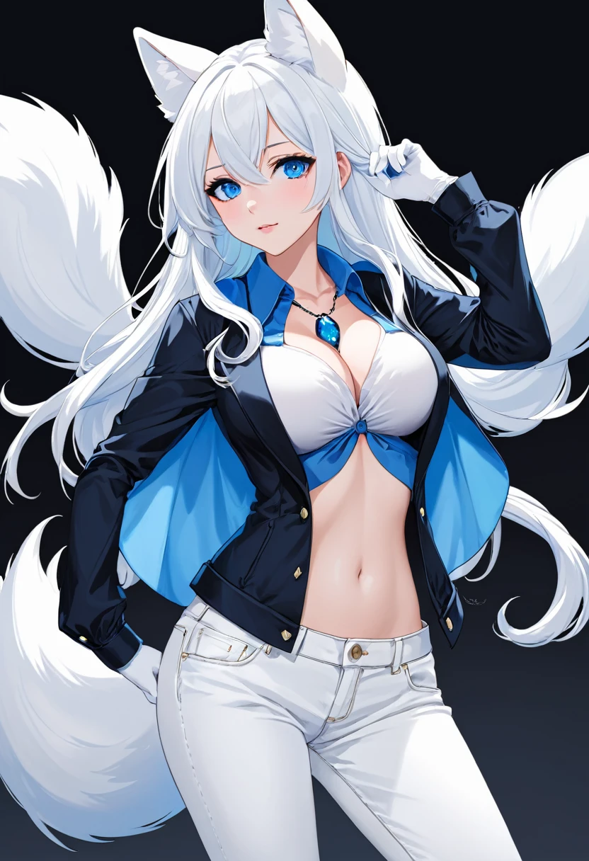 Girl,White fox ears, White long hair, Black jacket, Blue button shirt, big breasts,Blue necklace, White jean pants, white gloves, Blue eyes, arms up