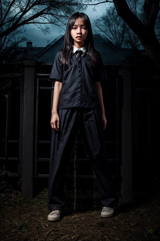 (pp clothes), from forehead, Indonesia school girl, haunted house, horror, peeing pants, peeing self