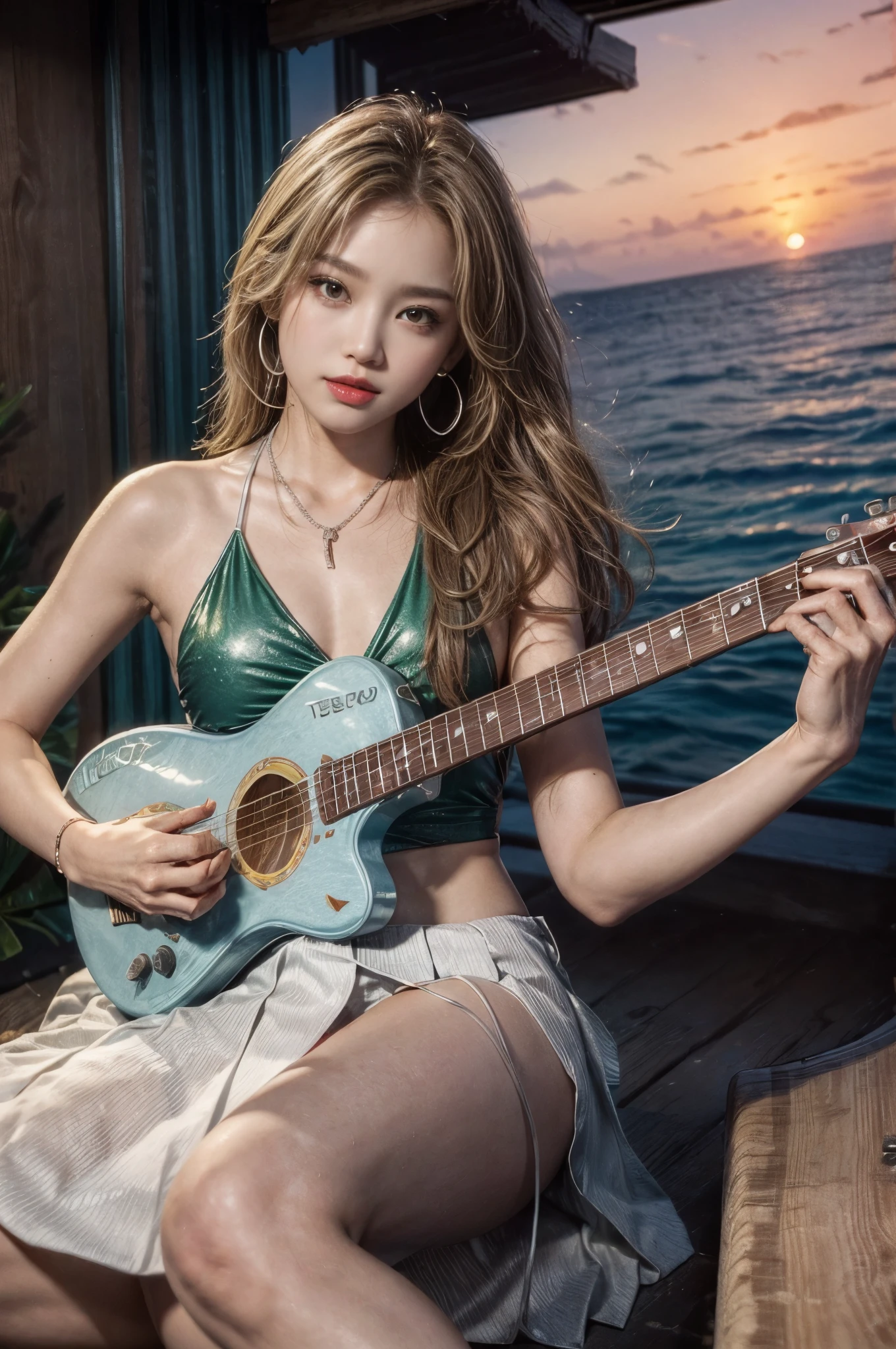 (front focus、perfect anatomy:1.5)、(Super detailed、16K quality、genuine skin: 1.4)、hyper genuineist、genuine.cinematic lighting、portrait、highly detailed face、1 beautiful thai girl、 (Beautiful half Thai/japanese girl、smile:1.3)(medium straight blonde hair、big slit eyes)(Hair color that is a mix of blonde and flashy colors、eye shadow、eyeliner、green color contact lenses:1.5)eyeliner、(well-shaped chest)red lips.break(Based on white or silver),
(Tropical style swimsuit.with see-through skirt.:1.2),(Necklaces and earrings),(guitar、🎸Flip:1.5),break、guitar🎸を持って演奏する(evening、Beautiful Sunset、Tropical sandy beach:1.2)(whole body.)
