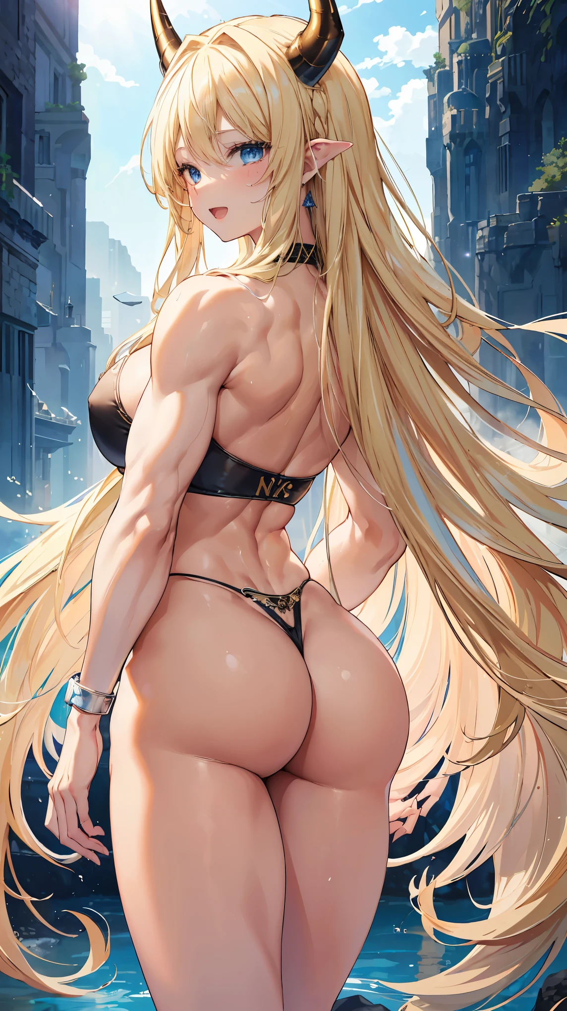 Very detailed、highest quality、Best image quality、masterpiece、8k、Sparkling Blue Eyes、Anime Face、A kind smile、Open Mouth、(Blonde long hair:1.5)、(SFW Giant)、Rear View、Cowboy Shot、(Thong:1.5)、(Muscles of the whole body)、Horn、ckundies