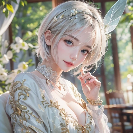 (masterpiece:1.3), (8k, Realistic, RAW Photos, Best image quality: 1.4), Fair-skinned fairy woman、short hair、Cleavage:2.0、Highly detailed face、Attention to detail、double eyelid、Sharp focus:1.2、Beautiful woman:1.4、Silvery white hair、highest quality、masterpiece、Ultra-high resolution、(Realistic:1.4)、Highly detailed and professionally lit smiles、Loose, Light,Japanese high 、 one person、whole body, I eat breakfast