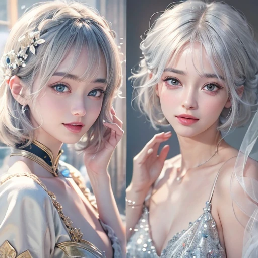 (masterpiece:1.3), (8k, Realistic, RAW Photos, Best image quality: 1.4), Fair-skinned fairy woman、short hair、Cleavage:2.0、Highly detailed face、Attention to detail、double eyelid、Sharp focus:1.2、Beautiful woman:1.4、Silvery white hair、highest quality、masterpiece、Ultra-high resolution、(Realistic:1.4)、Highly detailed and professionally lit smiles、Loose, Light,Japanese high 、 one person、whole body,　I eat breakfast 