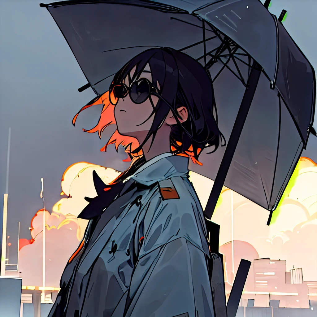 1women solo, upper body, center part, wearing sun glasses, at night, Tokyo city, heavy Strom in Tokyo city, she's looking at clouds raining, better face structure, no hands, perfect anatomy, pretty natural, normal clothes,