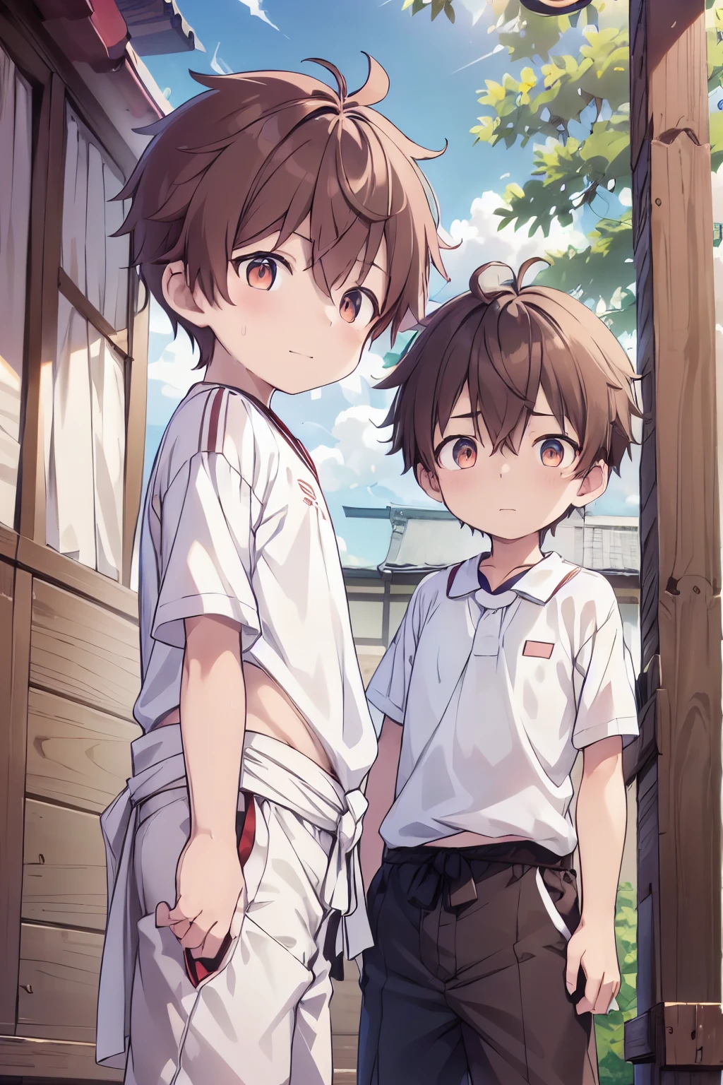 2boys, aoi, masterpiece, ultra detail, male focus, soccer shirt, adorable captivating, light brown hair , red eyes , white albine skin, japanese style, steam smork, japan style, anime coloring, shy, home muji style, detailed face, white towel on waist,white silk, outdoor, sweat, 