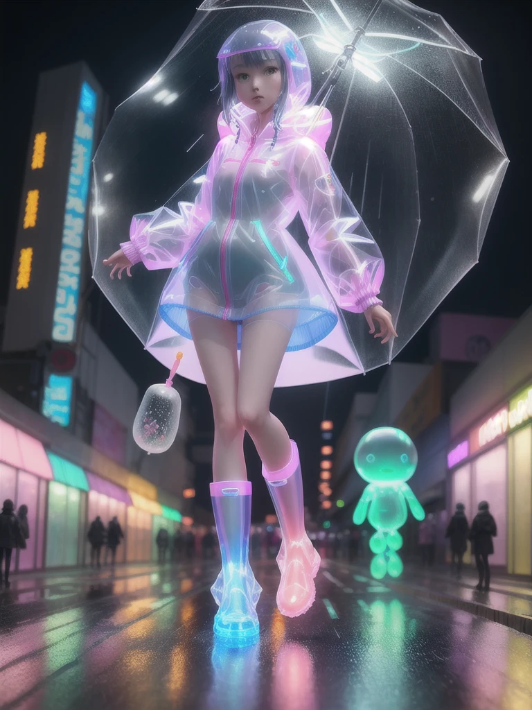 On a rainy day, a long-legged loli wearing a relatively large transparent raincoat with warm light shining down looked at me standing in the rain wearing long tubes of white silk --auto