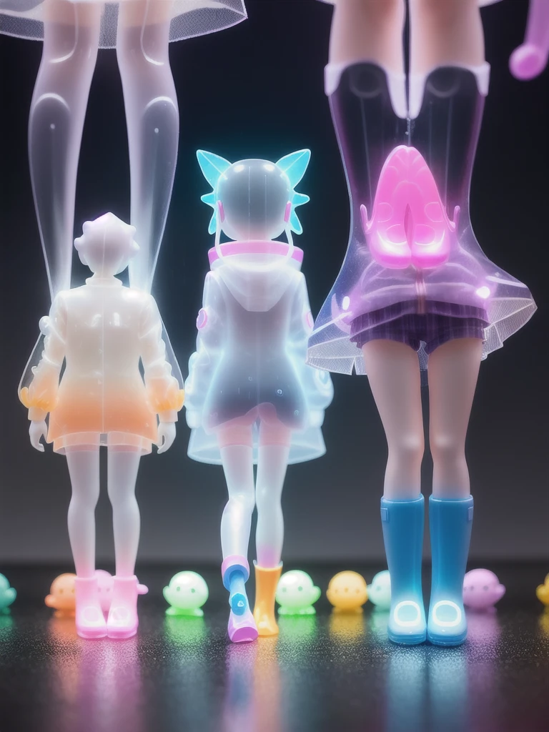 Cool, Lovely, , long legs, Beautiful socks, Lovely transparent rain boots, Transparent raincoat,Toy, Blender, Candy colors, Cyberpunk, fashion, 3S Materials, Simple background, Pop Mart,Blind Box, Bubble glowing creatures, c4d,3D, whole body