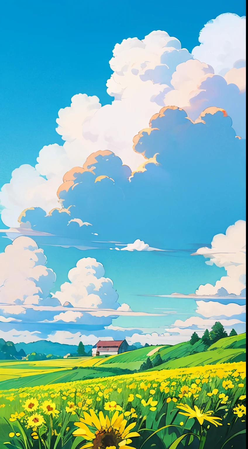 (((best quality))),blue_sky, cloud, cloudy_sky, condensation_trail, dandelion, day, field, flower, flower_field, holding_flower, horizon, kazami_yuuka, mountain, mountainous_horizon, outdoors, sky, straw_hat, summer, no human
