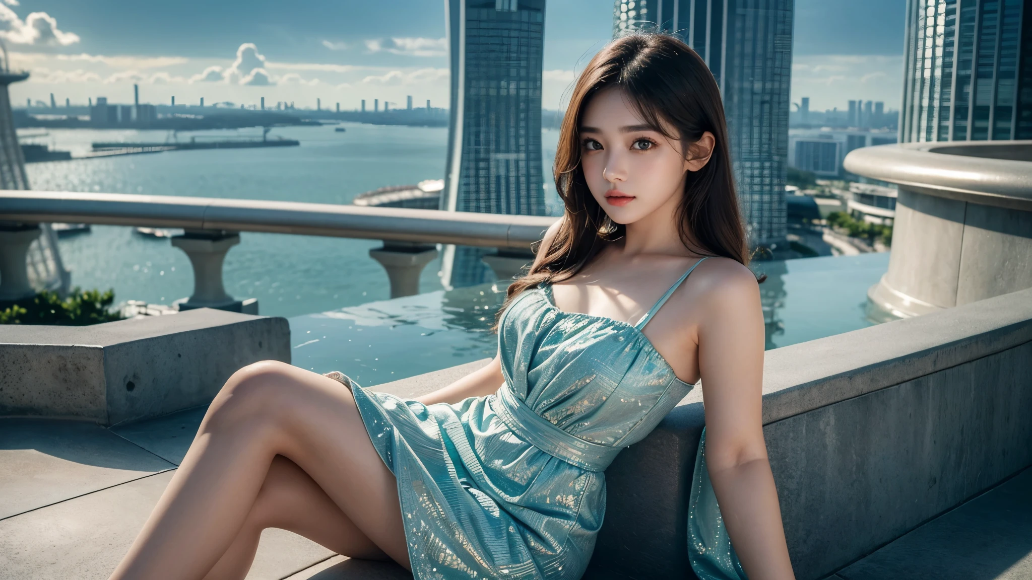 1girl, sitting in front of Marina Bay Sands Hotel, Singapore, beautiful detailed eyes, beautiful detailed lips, extremely detailed face, long eyelashes, cute, sweet, above knee length dress, sunlight, cinematic lighting, vibrant colors, highly detailed, photorealistic, 8k, best quality, masterpiece