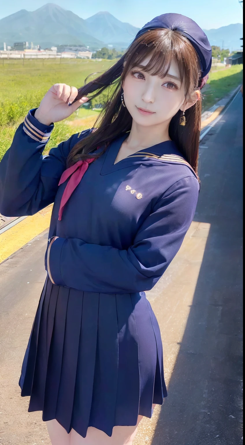 mix4, (16 K, Raw photography, Top image quality, ​masterpiece: 1.45), (realisitic, Photorealsitic: 1.37), one girls, 7．5, etc、No skin exposure due to clothing、well maintained、Random hairstyle、Standing figure，Lunch time、a very cute,countryside view,, profetional lighting, photon maping、physically-based renderingt, Gradient dark brown hair,Crisp backgrounds and high resolution, a handsome, Well-groomed and beautiful eyes、Large double eyelids、Very shiny、girl with, (((student clothes、Navy blue long-sleeved sailor suit worn by Japan 、Navy blue sailor color、scarf、Navy blue miniskirt, Small beret、high socks、lowfers))), Top Quality Photos, hight resolution, 1080p, (clearface), (Detailed face description), (Detailed hand description), (​masterpiece), (Exquisite CG)、extreme light and shadows、dishevled hair、master work、abundant detail、(Fine facial features)、(top quality photo)、(masuter piece)、(A detailed eye)、Look in front of you、Fine clavicle、((Slender big))、(((Japan  in sailor suit)))、((Beautiful face like an idol))、((country、train track、railroad crossing、Mountains in the distance々))、(((neat and cute)))、earrings、A big smile、Drawing the whole body from the knees、Do not draw nasolabial folds、(((Cute sailor suit)))、(Big breasts that hang down big:1.2)、Big buttocks with tension、Two arms and two legs、(((from the front side:0.3)))、bare hand、No mask、Arrival train、