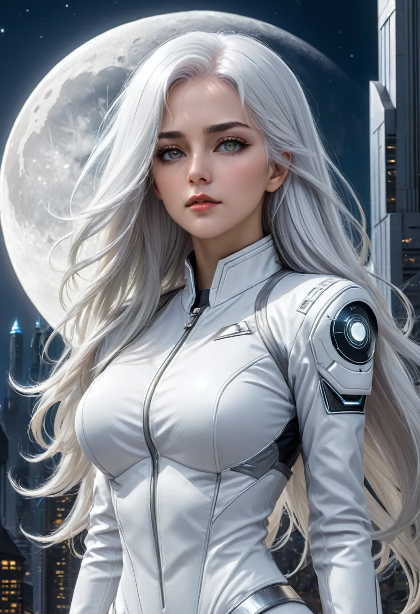 masterpiece, Best quality, (Solitary focus), (Perfect face:1.1), (High Detail:1.1),drama, 1 person, (Fair skin), Long white hair, White eyes, Solitary, Long gray hair, moon, night, White luxury suit, Covered navel, Pouting, Covered, City of the Future, Detailed background, Art work：artgerm and greg rutkowski,  light,