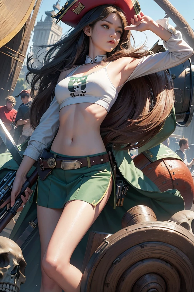 official art, 8K, Extremely detailed, Beautiful, masterpiece, Top quality, ,Dynamic Angle, Cowboy shooting, shorts,Short skirt,Bright colors, (half: 1.2), (Dream: 1.5), (Han Feng: 1.5),Realist,photo,,High School on a Pirate Ship,dark green underwear,Female high school student,a belly button,sword,gun,team leader,Skull marker cap,