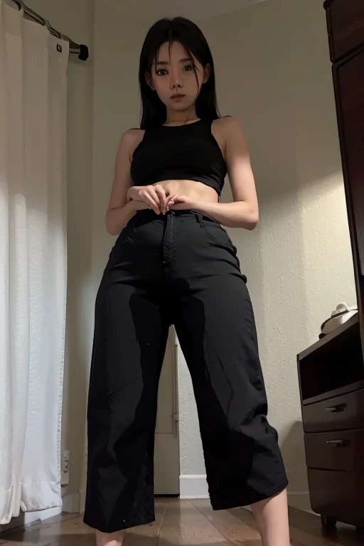 Malay Girl thin body sees the ghost and pees her long black culotte pants until her pants are wet in fright.