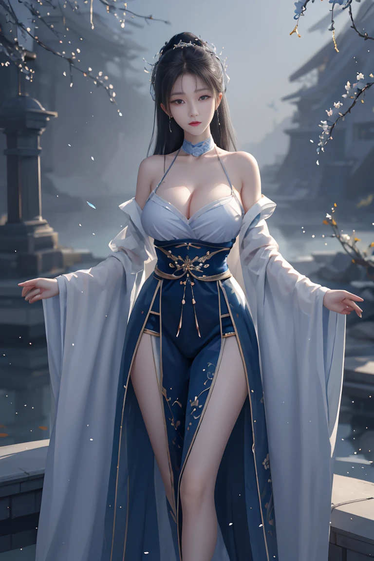 gufeng,bare shoulders,best quality，masterpiece，ultra high resolution，Clear face,（realism：1.4），original photo，cold light，Woman in transparent clothes，full body image，wallpaper anime blue water，Gurwitz-style artwork，water magic closeup fantasy，A beautiful artistic illustration，Water Nymphs，Beautiful digital artwork，Beautiful digital illustration，Li Song，A beautiful anime character;Art style，((cardigan，Big boobs))