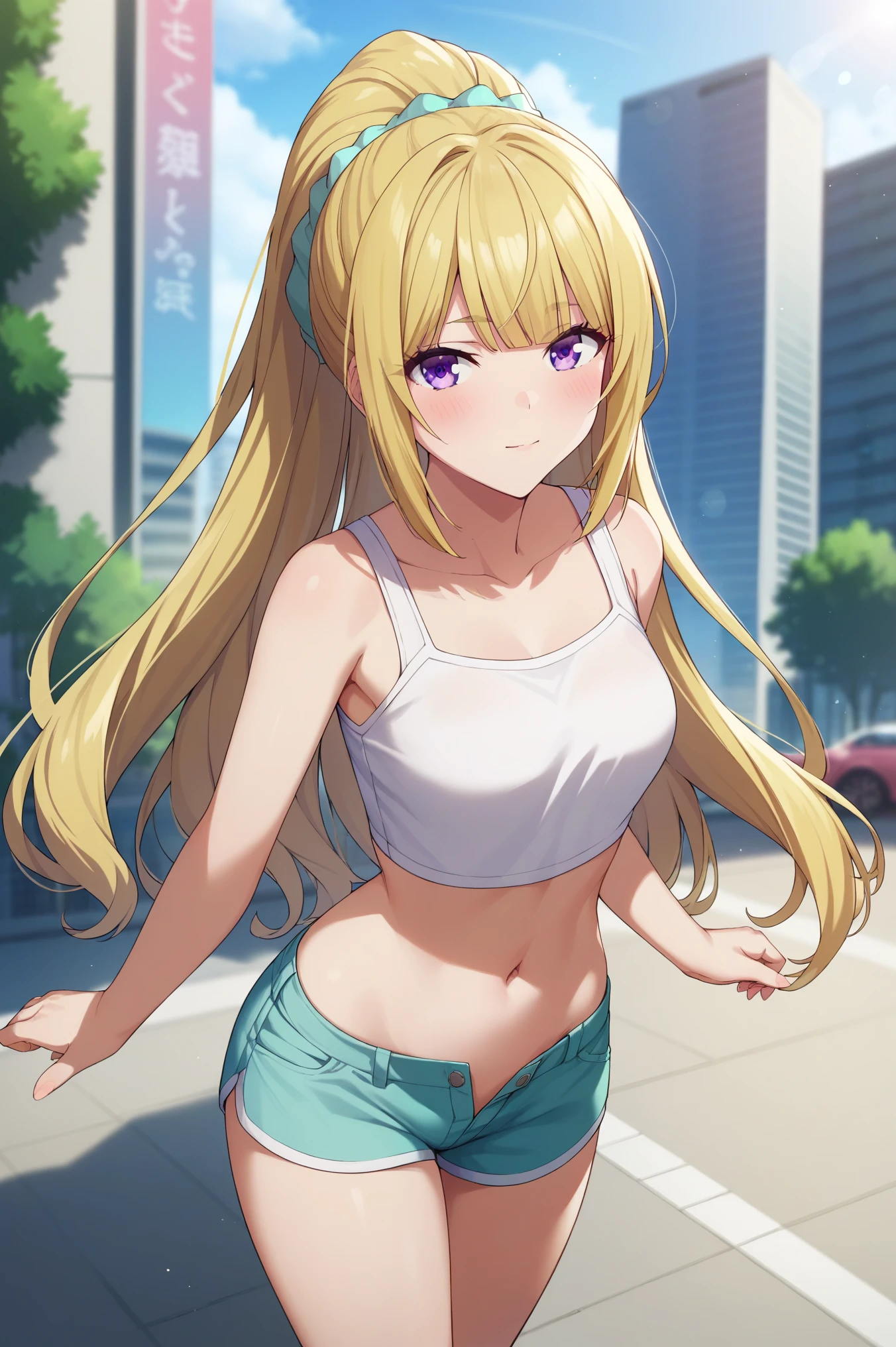 score_9, score_8_up, score_7_up, score_6_up, score_5_up, score_4_up, rating_questionable, , source_anime, digital illustration, pixiv, fanbox, uncensored, , BREAK, official art, 
1girl, , female, kei karuizawa, yellow hair, long hair, ponytail,  scrunchie, purple eyes, 
crop top, shorts, navel, groin, outdoors, city, buildings,,, blush, outdoors, , blush, looking at viewer, colorful, vivid 