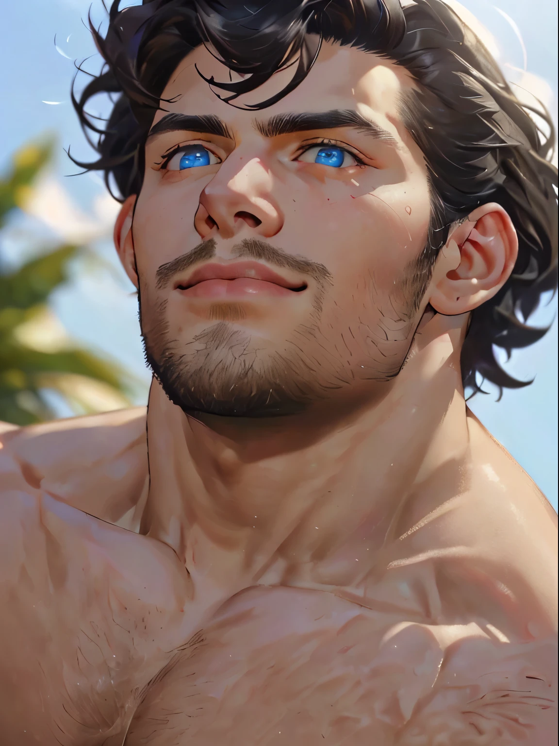 ((the best quality)), ((Masterpiece)), (details), perfect face, high definition, Masterpiece,4k,details clearly, Handsome face, white skin, perfect body, male body, strong muscles, abdomen, blue eyes, white skin, The most handsome man in the world, handsome, The coolest face, Male characters, close image (1man, shirtless), young man, mischievous smile, Extremely muscular tall man, open your eyes ((detailed eyes)), huge, muscular body and Massive, bulging pecs, muscular abs, narrow waist, short hair, blue eyes, delicate big eyes, carefree expression, clear face, handsome (detailed face, perfect face) ((extremely realistic shadows, bodybuilding posture, human, ((22-year-old young man)), V shape, fashion, Shirtless, Sunlight, street, topless, close up look, CG sense, Textured skin, the best quality, Storytelling images, show Panty line, Show your abs, show arm muscle, Black hair, shining blue eyes, eyes contact, leather belt, Red cheeks, bright, look up view, whiskers