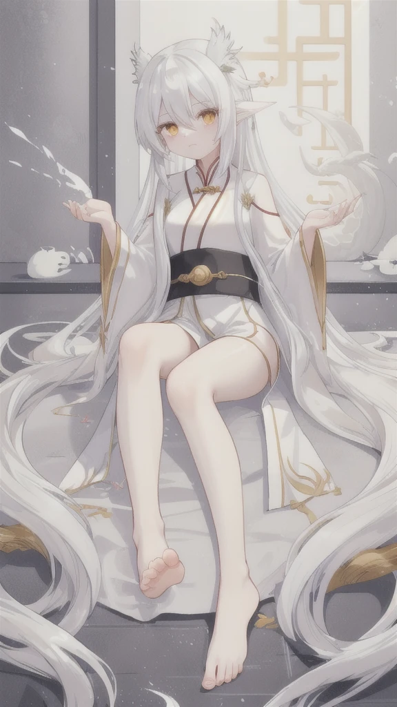 Long silver hair,White Dragon Horn,Golden Eyes,silver hanfu,barefoot