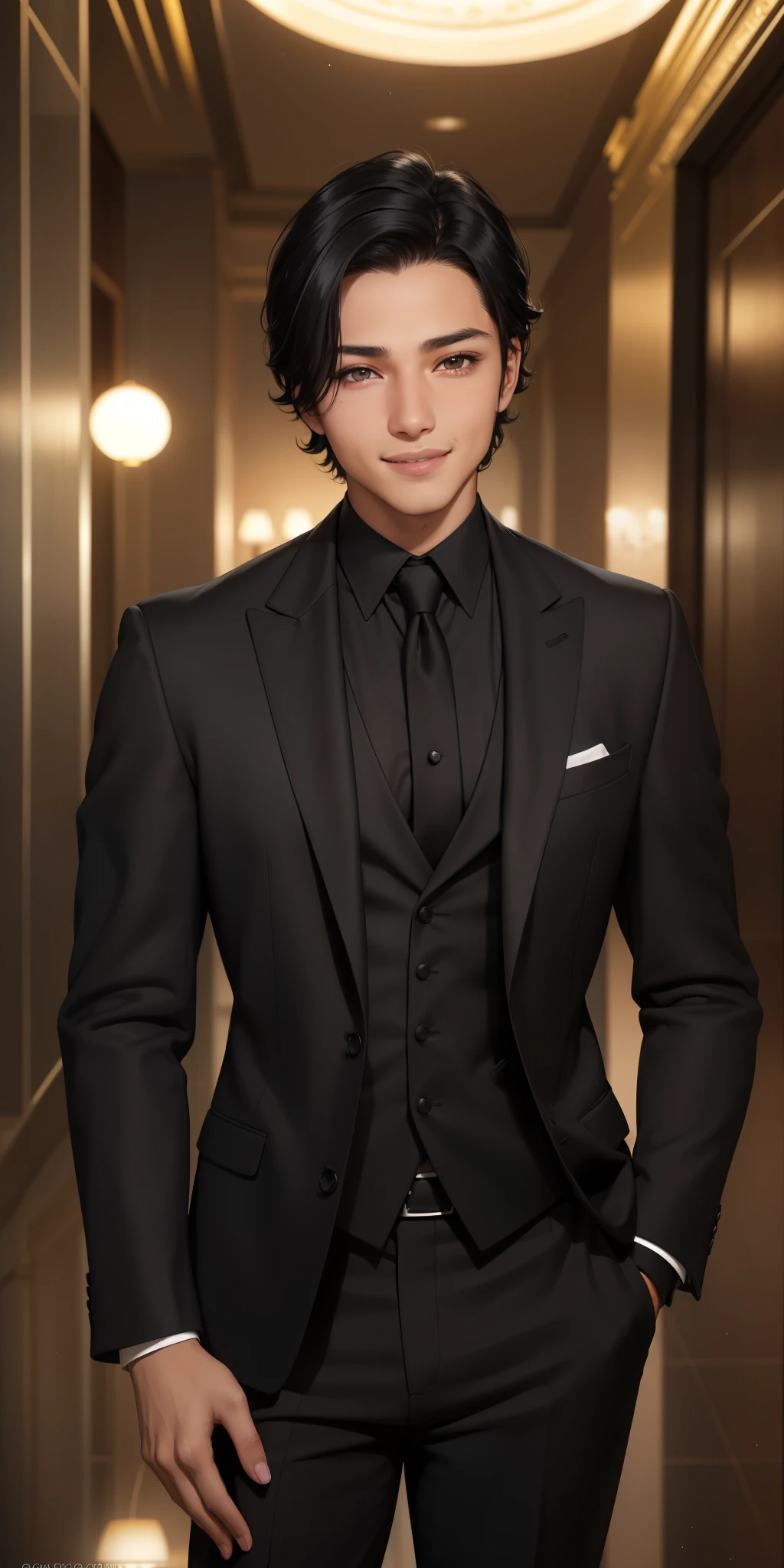 Man in black suit (front photo), beautiful face, very detailed face and skin texture, (straight black hair, beautiful hair), brown eyes, light effect on the eyes, light skin, Light skin: 1.2, ( with mischievous smile: 1,2), (20 years old), elegant black suit, building balcony