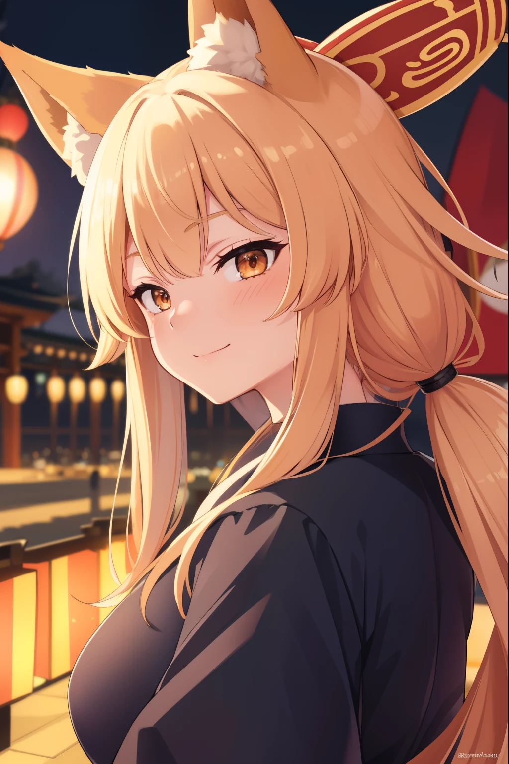 Animal earsの綿毛, Animal ears, Fox Ears, Fox Girl, fox tail, Golden Hair, kimono, ((Big Tits:1.1)),((Squint your eyes and laugh)), Blushing, night, ((City Summer Festival)), Watching the audience, ((Looking Back)), highest quality, High resolution, unity 8k wallpaper, Perfect lighting,((Upper body portrait))