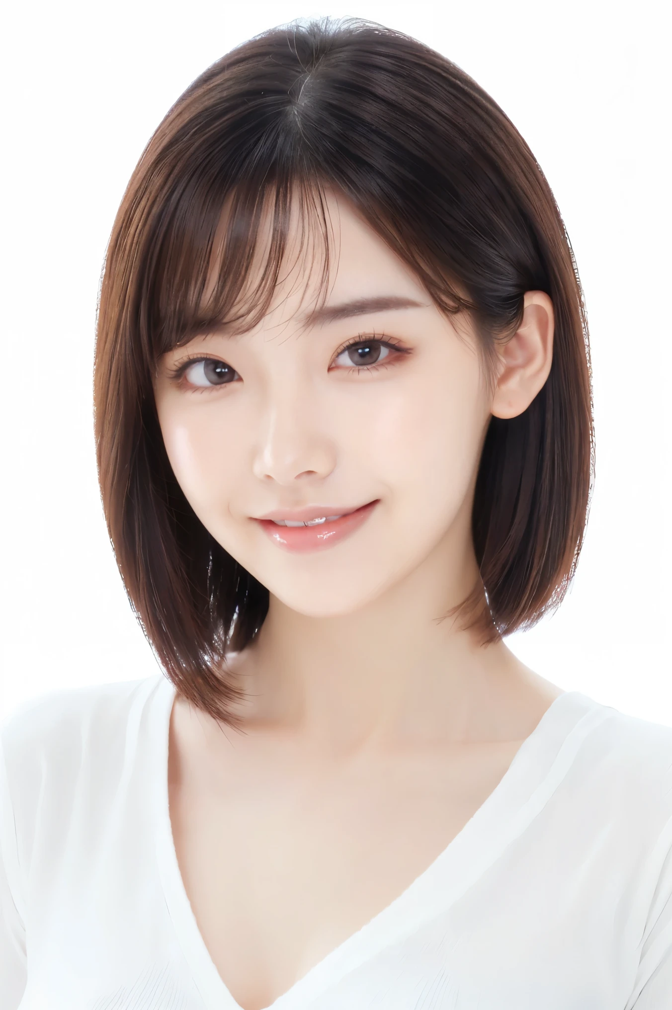 (highest quality、Tabletop、8k、Best image quality、Award-winning works)、Cute beauty、(Short Bob Hair:1.1)、(alone:1.2)、(White fitted V-neck long sleeve knit:1.2)、(Close-fitting V-neck long-sleeve knit:1.1)、(The simplest pure white background:1.6)、(Perfectly fixed in front:1.1)、(Face close-up:1.2)、(Facing forward:1.1)、(Very large breasts:1.3)、(Accentuate your body lines:1.2)、(Perfect female front and side portrait with proper margins:1.2)、(Perfect femininity from the side or the front:1.2)、Beautiful and exquisite、Look at me and smile、(Upright photo from the chest up:1.2)、(Turn around and look straight at me:1.2)、(Perfect Makeup:1.1)、Bright lipstick、Ultra-high definition beauty face、Ultra HD Hair、Ultra HD Shining Eyes、Ultra High Resolution Perfect Teeth、Super high quality glossy lip、Accurate anatomy、Very beautiful skin、(Pure white skin shining in ultra-high resolution:1.2)、An elegant upright posture when viewed from the front、(Very bright:1.3)