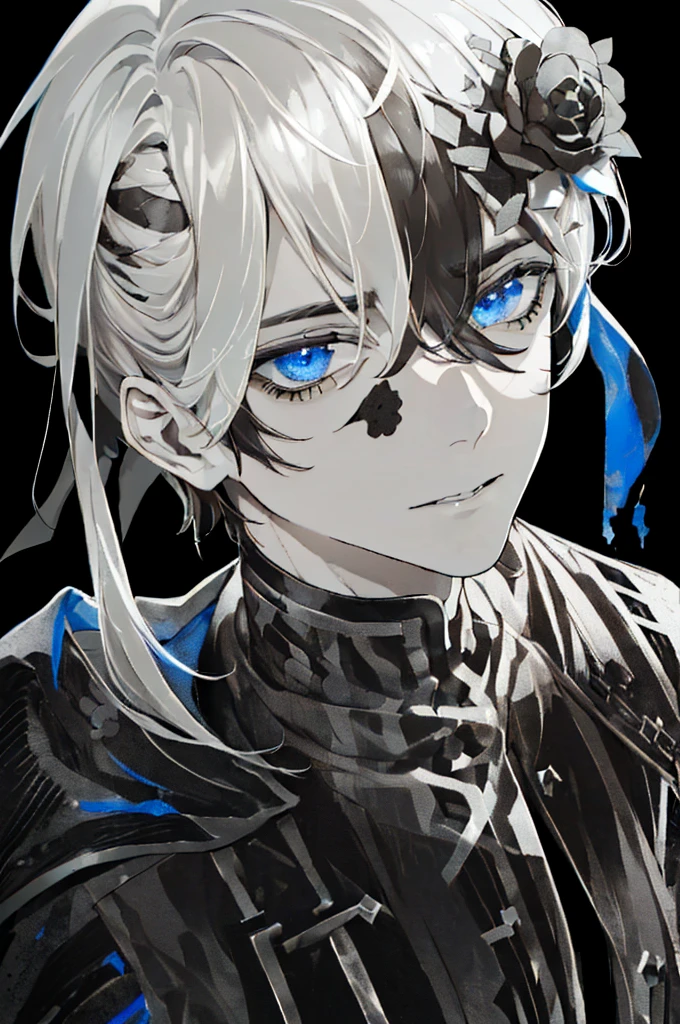 ((A ruined city full of rubble)),(After the war),((Vast landscape full of rubble)),(boy wearing tattered clothes),((Soot-stained hair mixed with silver and black)),(Lifeless eyes),((sit on the ground holding both knees)),((Look up as if glaring at me)),(deadpan),((Dark and cloudy lapis lazuli eyes)),((Monochrome world)),((black and gray and white and brown)),((close up of face))