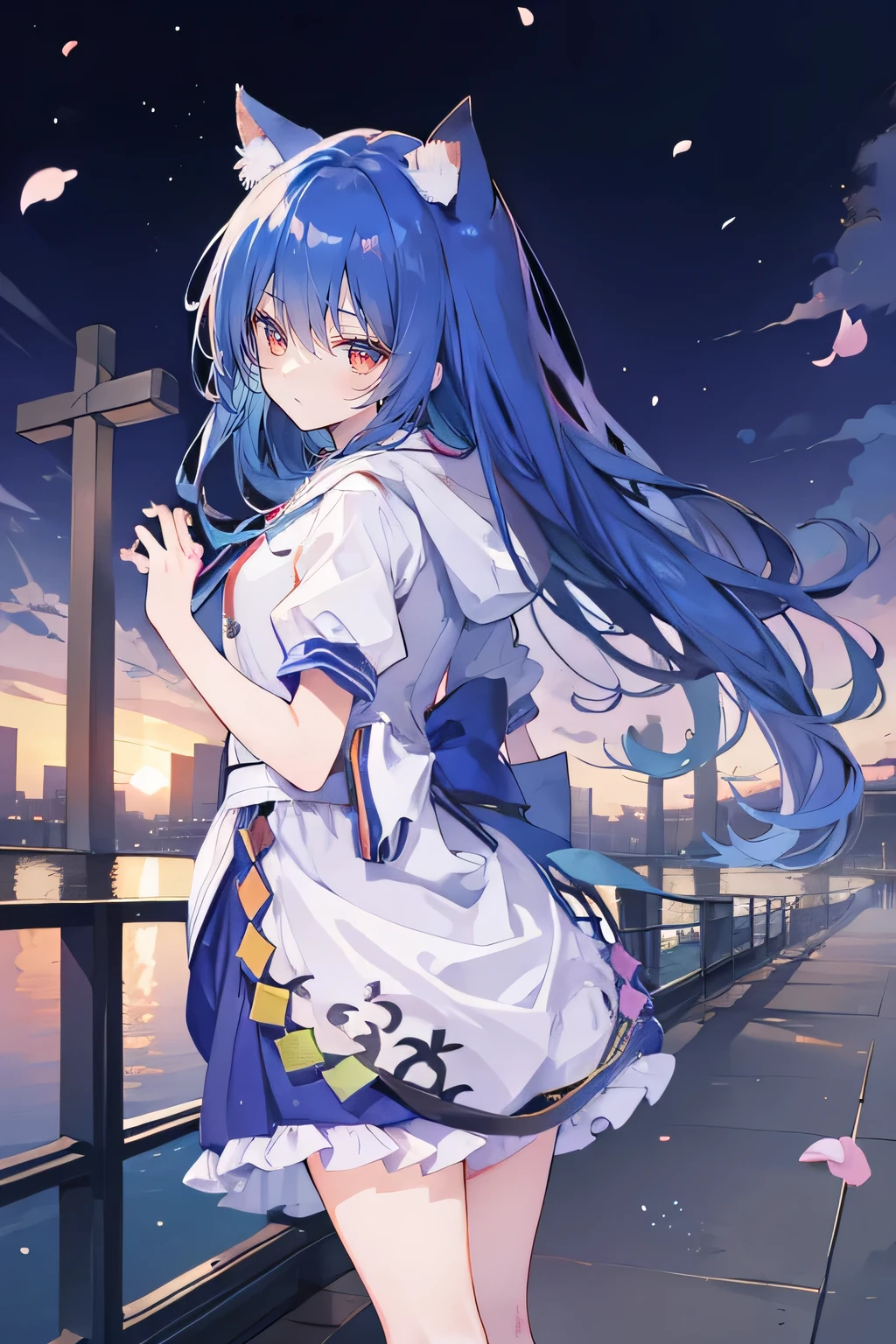 (masterpiece:1.2),Super detailed,lifelike,Expressive eyes,fair skin,perfect face shape,1 girl,
Japanese comics,Gorgeous blue hair,flowing blue hair,flowing clothes,Cat ears,Petals fall,beautiful lola,Baby Angel,sunrise,
Shaking head with one hand,Cross your legs,Gentle and peaceful background,The pavilion is cool and comfortable,smile, wearing hoodie, background of tokyo,back views,snowing, winter.