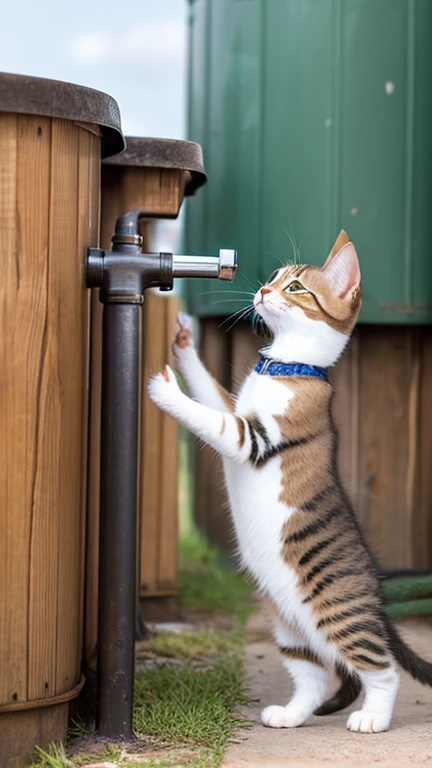 A little pretty cute kitten stands up and puts both hands up and grabs the water tank, puts its mouth to the tank and drinks water,Side view,