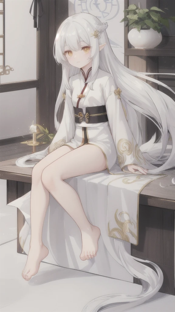 Long silver hair，White Dragon Horn，Golden Eyes，silver hanfu，barefoot