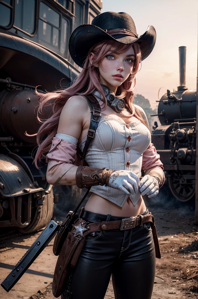 (masterpiece,stunning girlfriend, (standing:1.1), dynamic pose, heart shaped face, elegant face, beautiful face, highly detailed face, highly detailed skin, skin pores, subsurface scattering, realistic pupils, looking at viewer, full lips, detailed background, depth of field, atmospheric perspective, volumetric lighting, sharp focus, absurdres, realistic proportions, good anatomy, (realistic, hyperrealistic:1.4), 16k hdr, neopolitan, neopolitan, long hair, brown hair, (brown eyes:1.3), brown eyes, pink eyes, (heterochromia:1.2), ((two-tone hair, split-color hair, pink hair, brown hair, multicolored hair)), BREAK gloves, hat, navel, detached sleeves, midriff, belt, pants, white gloves, black headwear, bowler hat, fighting pose, BREAK standing outside old steam train, post-apocalypse, dystopian future, crowd, (crowd in military uniforms), bonfires, BREAK looking at viewer, (cowboy shot:1.5), BREAK (masterpiece:1.2), best quality, high resolution, unity 8k wallpaper, (illustration:0.8), (beautiful detailed eyes:1.6), extremely detailed face, perfect lighting, extremely detailed CG, (perfect hands, perfect anatomy)