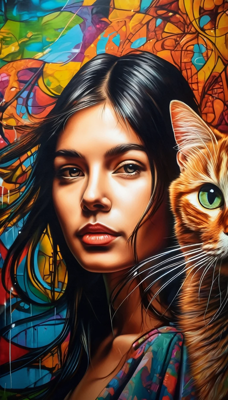 surreal graffiti mural, a painting on the wall showing a girl with a cat, detailed facial features, intricate graffiti wall, detailed wall fractal, vibrant colors, dramatic lighting, cinematic composition, highly detailed, hyperrealistic, 8k, photorealistic, masterpiece, wide shot,