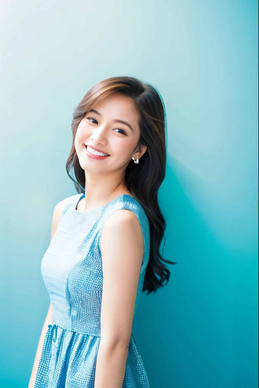 arafed woman leaning against a wall with a smile on her face, in front of white back drop, photoshoot portrait, portrait photo of a backdrop, light blue dress portrait, mid shot portrait, pokimane, taken with canon eos 5 d mark iv, a young asian woman, head and shoulders photography, photoshoot, cindy avelino, 60mm portrait