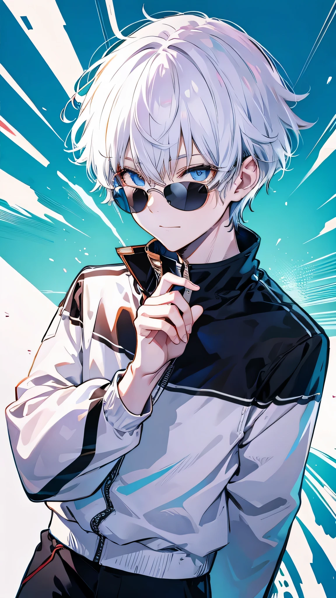 gojou satoru, solo, looking at viewer, smile, short hair, bangs, blue eyes, simple background, long sleeves, 1boy, white background, hair between eyes, closed mouth, jacket, upper body, white hair, male focus, pants, hand up, black jacket, eyelashes, sunglasses, high collar, colored eyelashes, round eyewear